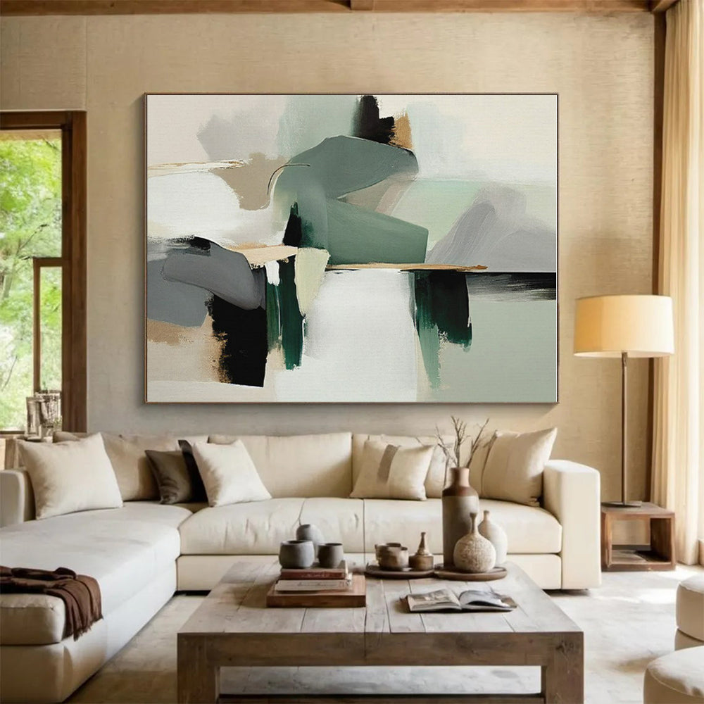 “Mint & Gray Abstract Composition” - Mint, Gray, White, Black Abstract Painting On Canvas PS0760