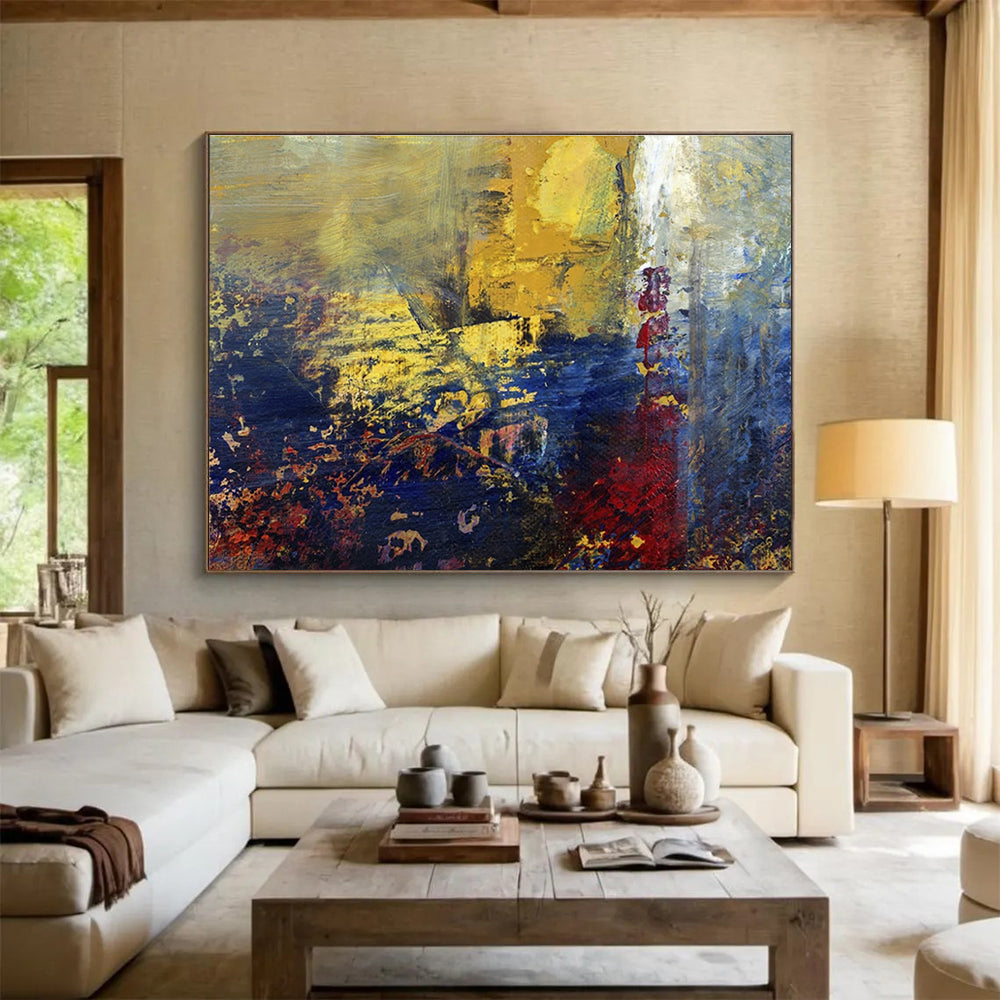“Golden - Blue Abstract Vista” - Gold, Blue & Purple Abstract, Impasto Oil Painting On Canvas DKS722