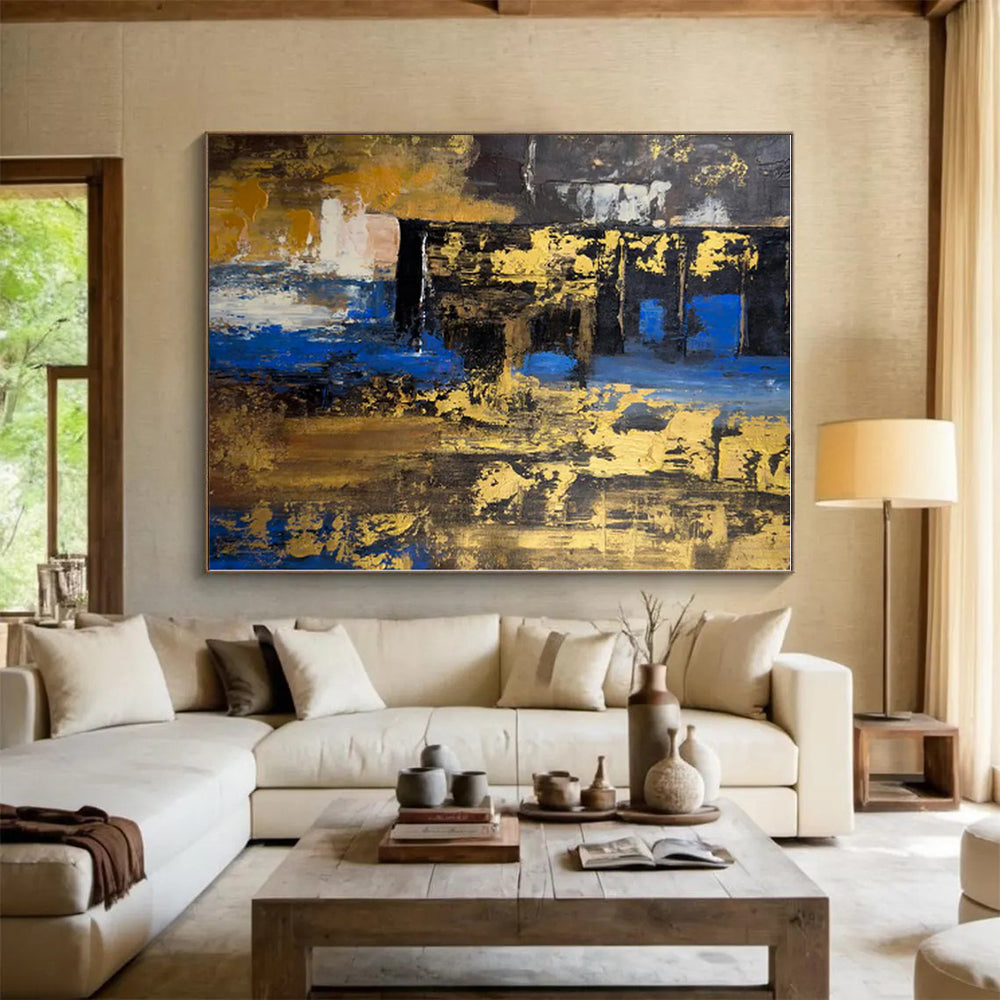 “Blue - Gold Abstract Layers” - Blue, Gold, Brown Abstract Painting On Canvas PS0445