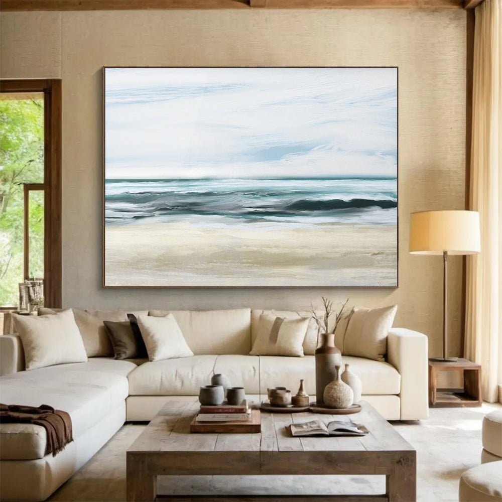 “Soft Blue and Beige Seaside Landscape” - Impressionistic Seascape Painting On Canvas PT128