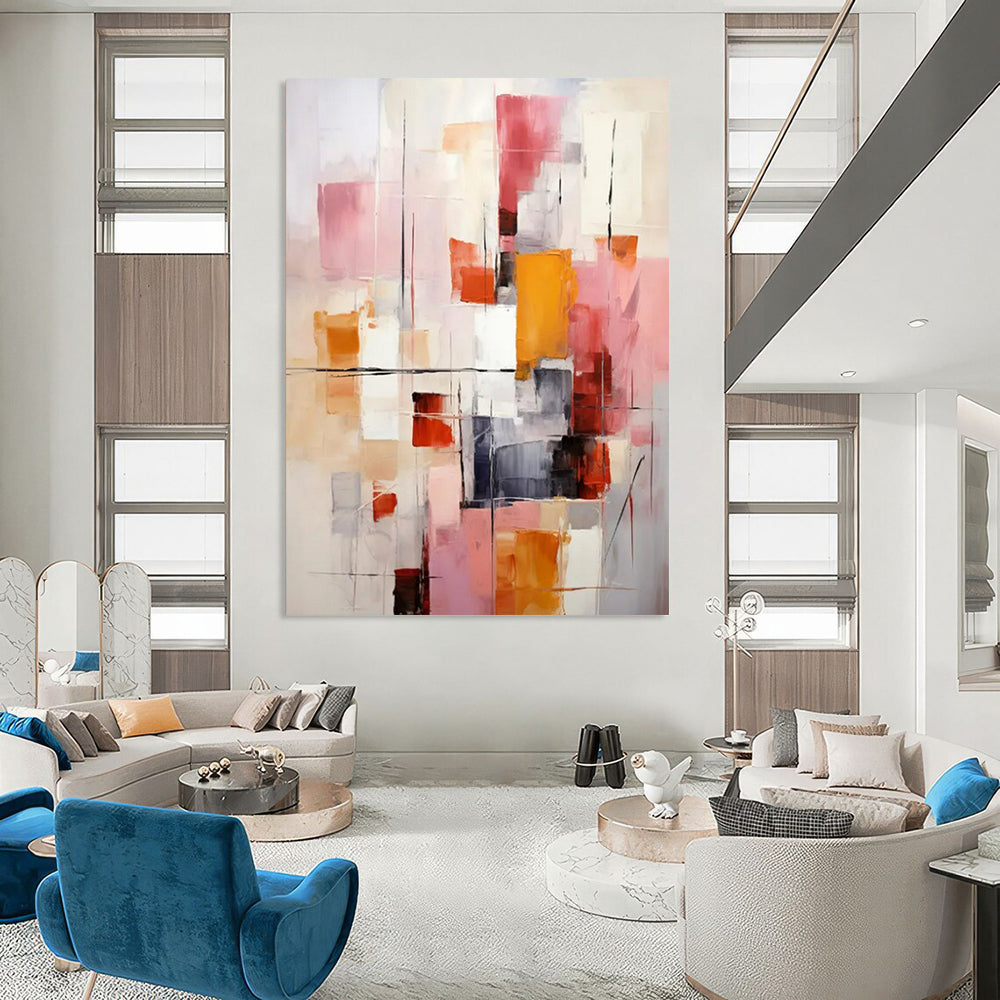 “Pink, Orange, and Gray Abstract” - Modernist Abstract Painting On Canvas PT2278