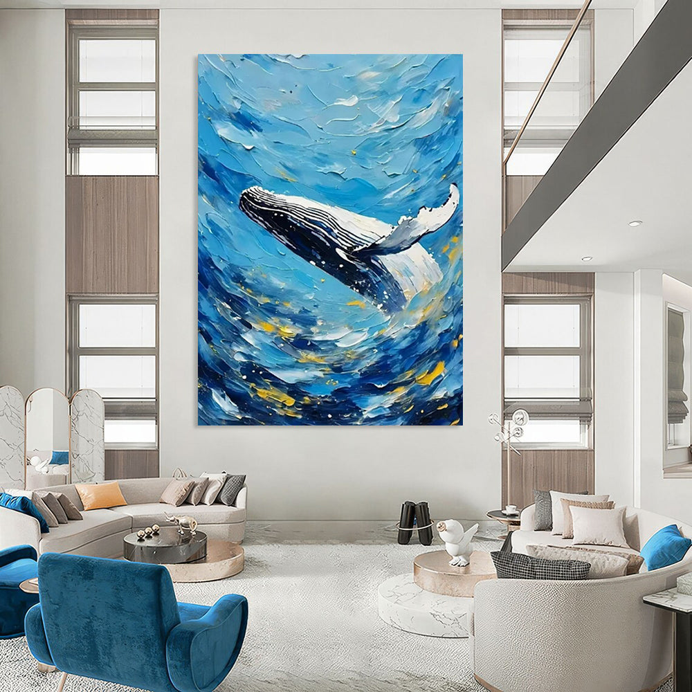 “Blue and White Whale Abstract” - Impressionist Marine Painting On Canvas PT2282