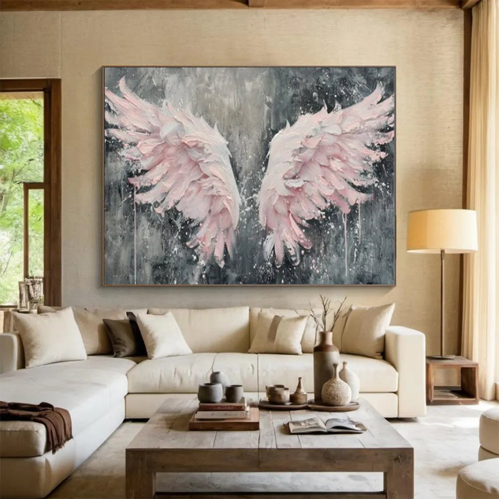 “Pink Wings on Gray” - Textured Pink “Angelic Wings” Painting On Canvas PT1618