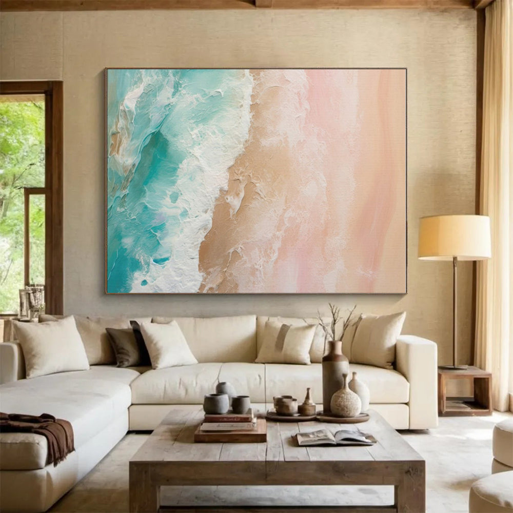 “Pastel Sea Waves” - Pink, Peach, Turquoise, White Abstract Seascape Painting On Canvas PS0751