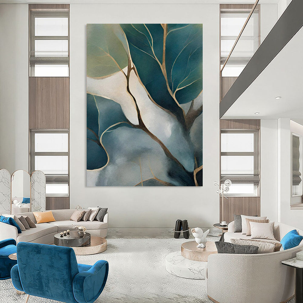 “Teal and Gold Leafy Branches” - Botanical Watercolor - Style Painting On Canvas PT2253