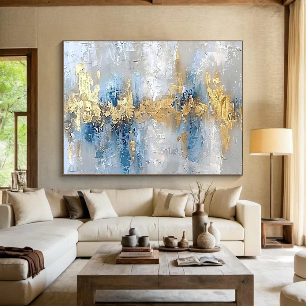 “Cool Blue & Gold Fusion” - Abstract Metallic Painting On Canvas PT046