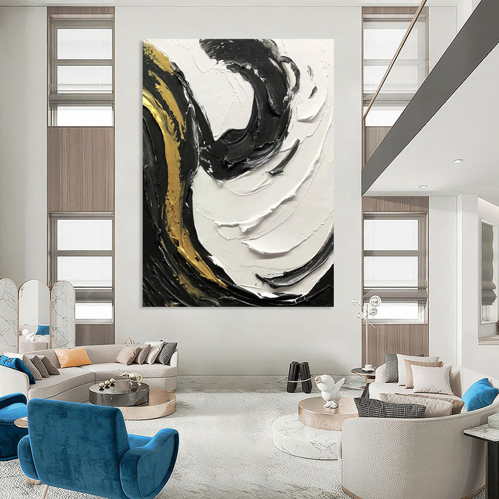 “Black, White, and Gold Swirling Textures” - Opulent Abstract Painting On Canvas DS381