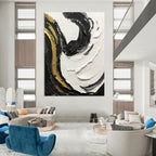 “Black, White, and Gold Swirling Textures” - Opulent Abstract Painting On Canvas DS381