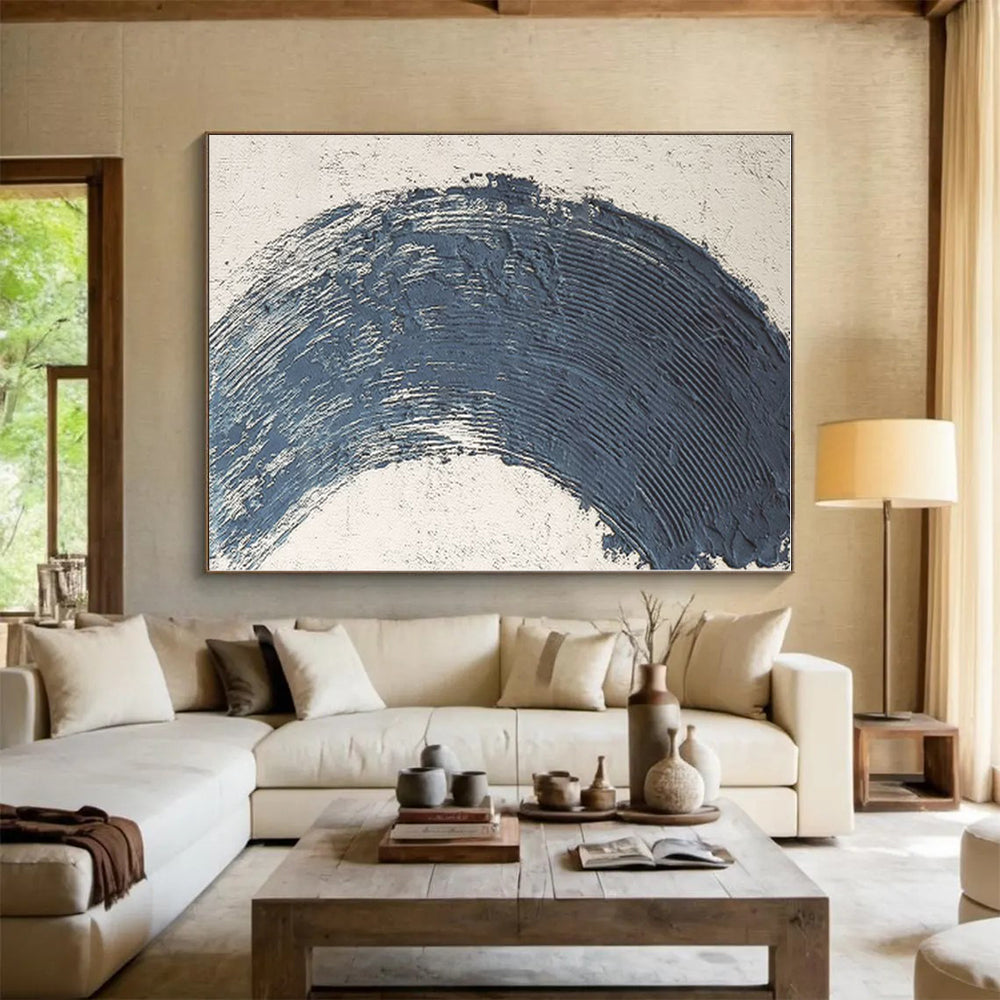 “Blue Curved Stroke on White” - Minimalist Abstract Painting On Canvas PS0426