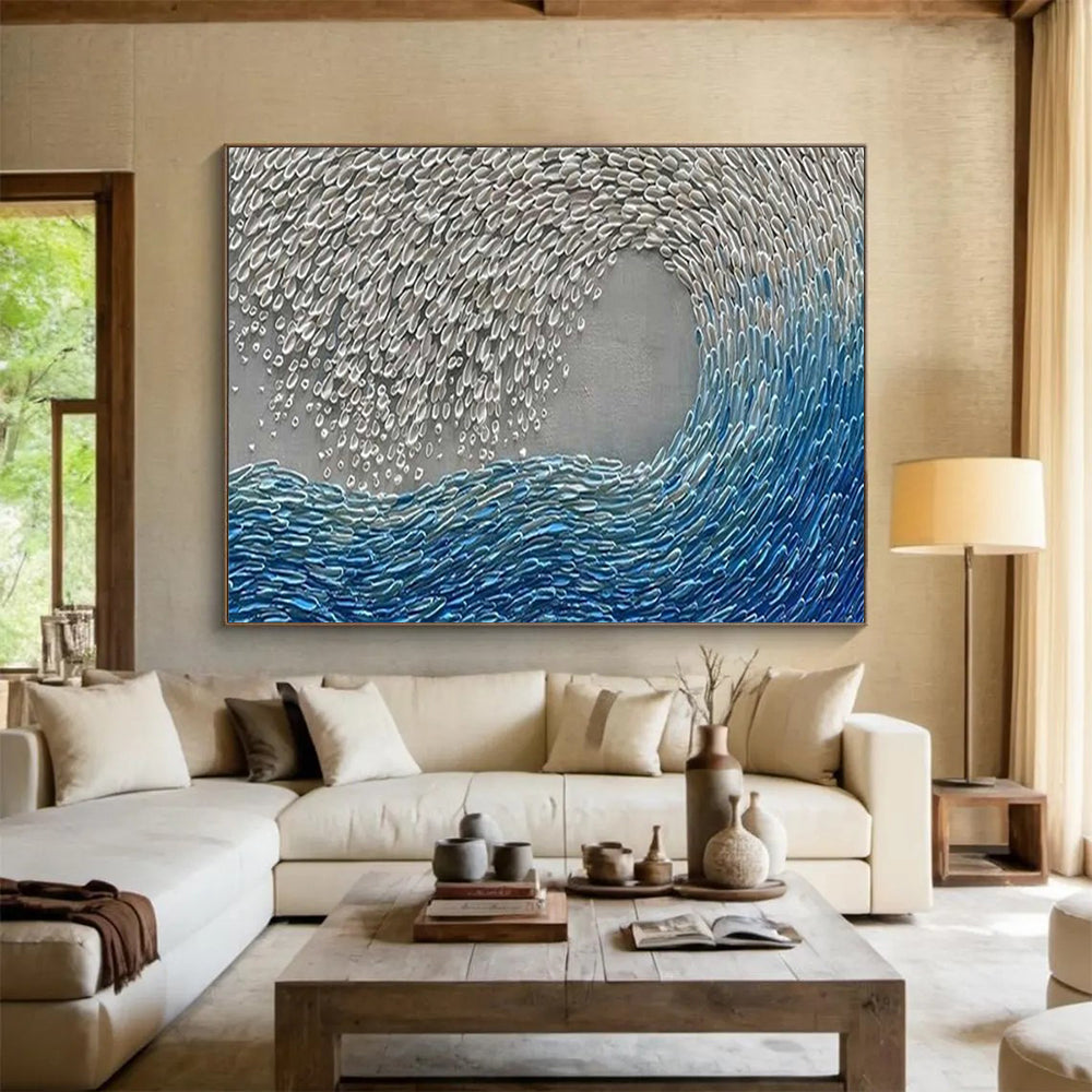 “Blue - Silver Abstract Wave” - Metallic Ocean “Tidal Gleam” Painting On Canvas PT1654