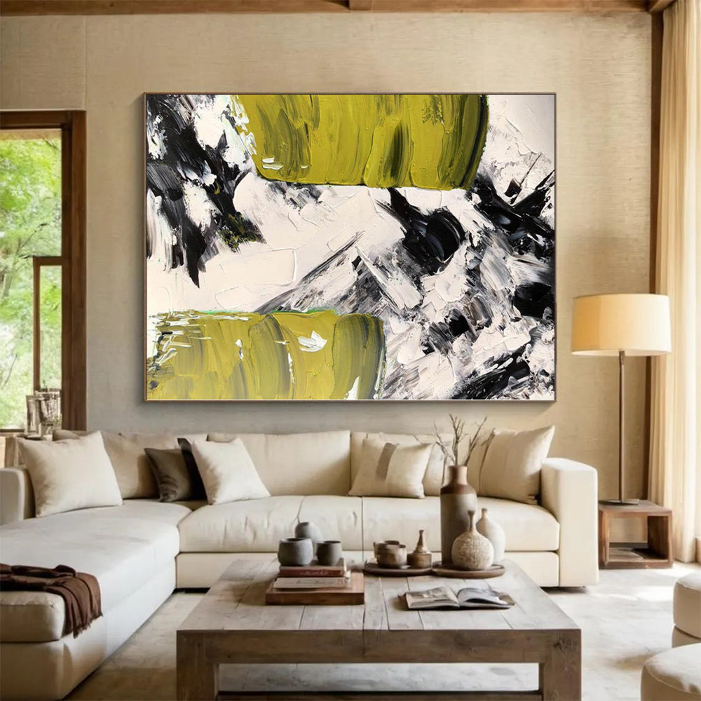 “Bold Green - Black - White Abstract Strokes” - Expressive Abstract Painting On Canvas PS0305