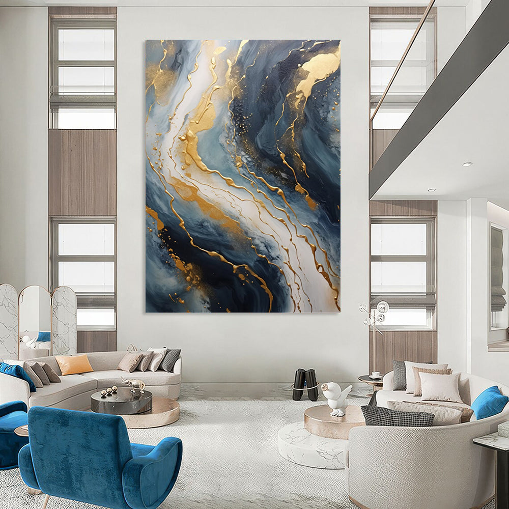 “Blue and Gold Marble” - Abstract, Opulent - Themed Painting On Canvas PT1599
