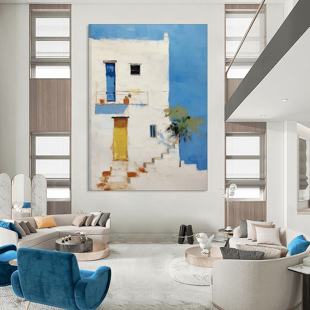 “White Building with Blue and Yellow Accents” - Impressionist Architecture Painting On Canvas PT1837