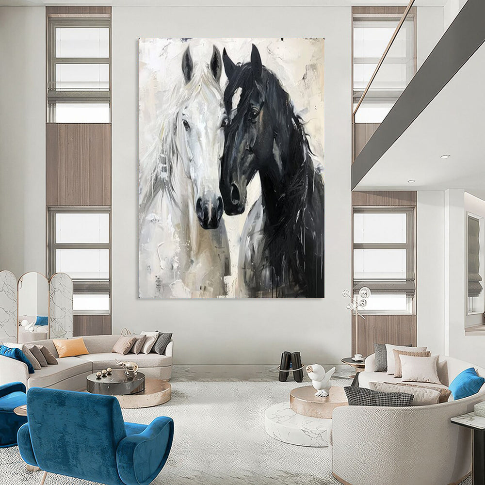Black - White Horse Duo, Impasto Realist, Remington - Inspired, Painting On Canvas PT2122