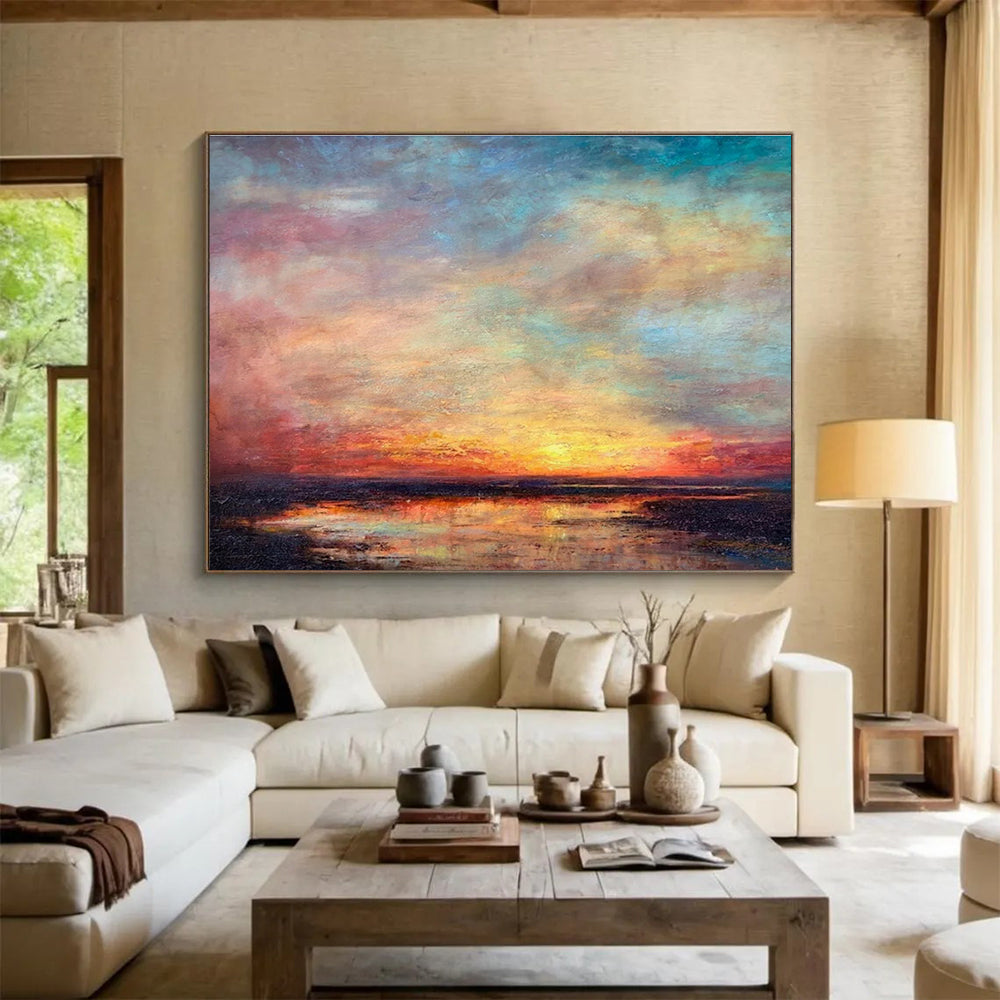 “Vibrant Sunset Reflection” - Blue, Pink & Orange Seascape, Expressive Oil Painting On Canvas DKS776