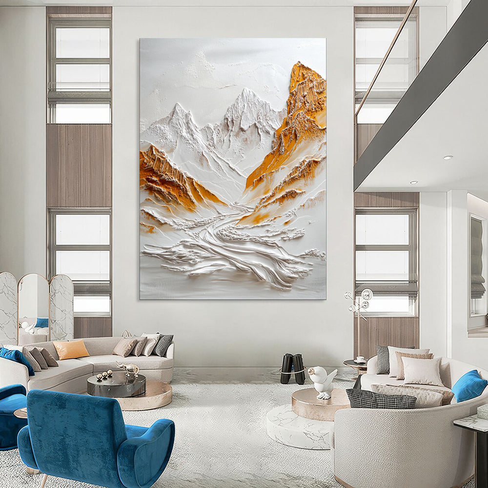 “White - Gold Textured Mountain Relief” - 3D Abstract Painting On Canvas PT2072