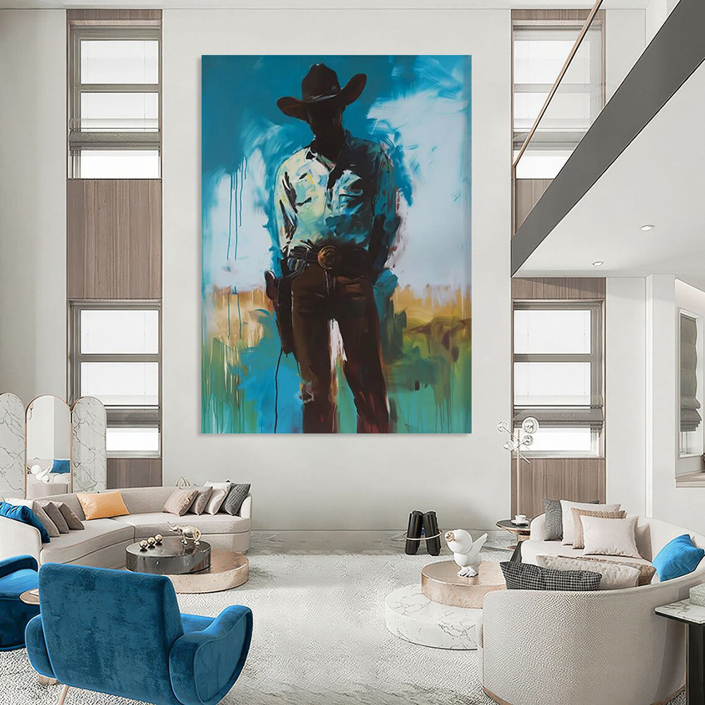 Mysterious Cowboy: Silhouette in Blue Painting On Canvas DS102