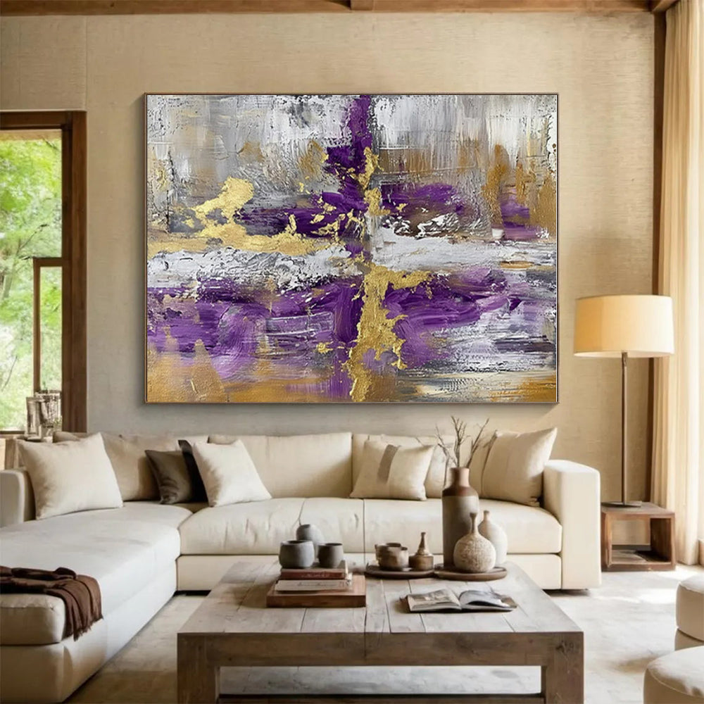 Purple, Gold & Gray Revived Abstract "Regal Fusion" Painting On Canvas PS0846