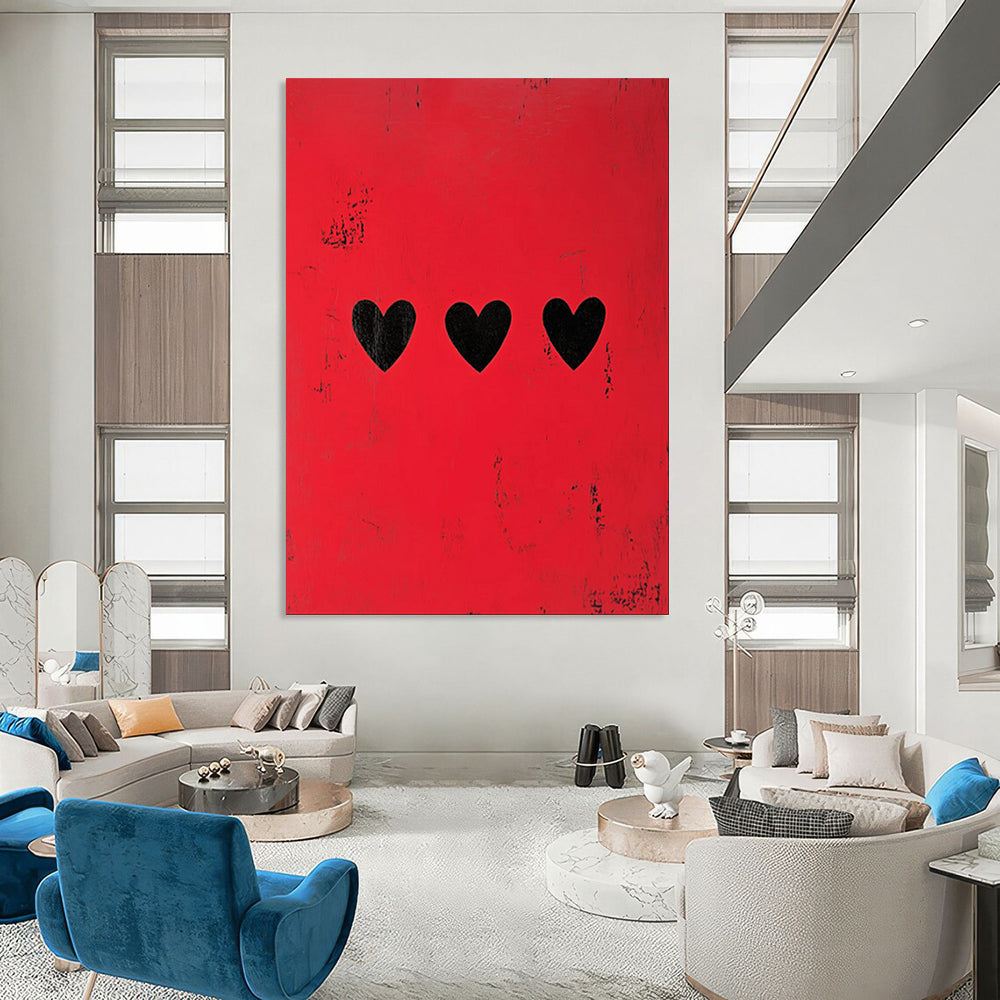 “Minimalist Red with Black Hearts” - Minimalist Conceptual Painting On Canvas PT1935