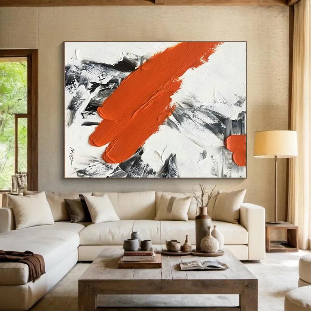 “Fiery Orange Dash” - Orange, Gray, White Abstract Textured Painting On Canvas PS0617