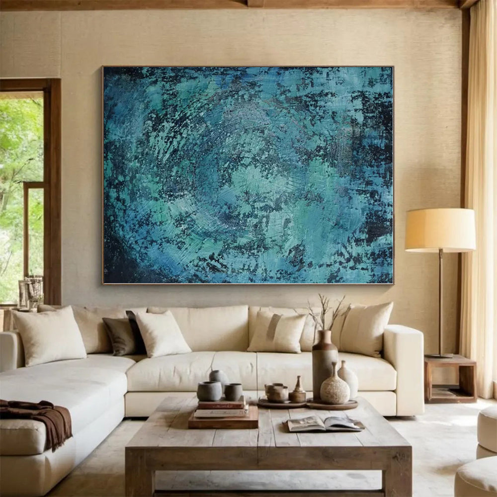 “Teal - Black Textured Abstraction” - Teal, Black Abstract Painting On Canvas PS0464