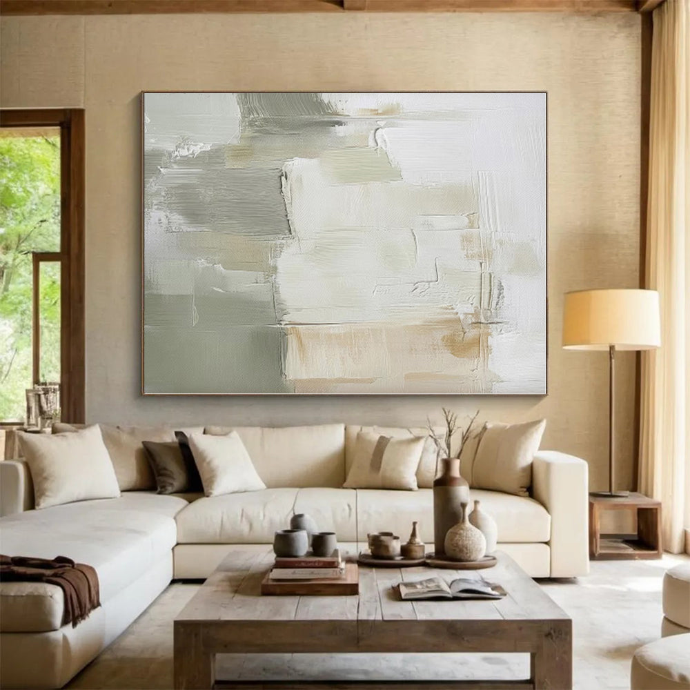 “Soft Neutral Abstract” - Beige, Gray, White Abstract Painting On Canvas PS0439
