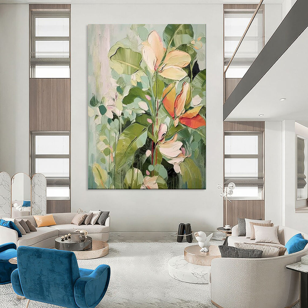 “Soft Green and Pink Floral Abstraction” - Botanical Impressionist Painting On Canvas PT1873