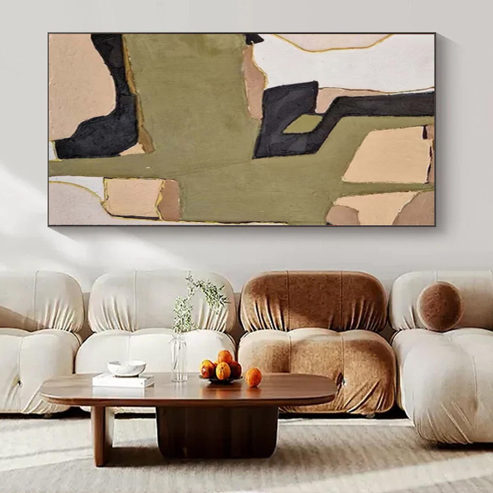 “Green - Beige - Black Geometric” - Mid - Century Abstract Painting On Canvas PS0169