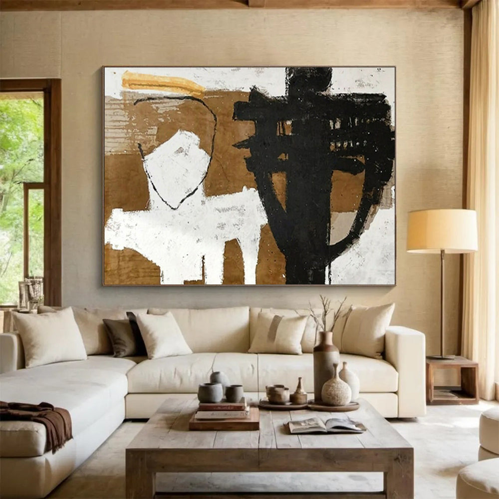 “Black - White - Brown Abstract Figures” - Monochromatic “Minimalist Forms” Painting On Canvas PT1655