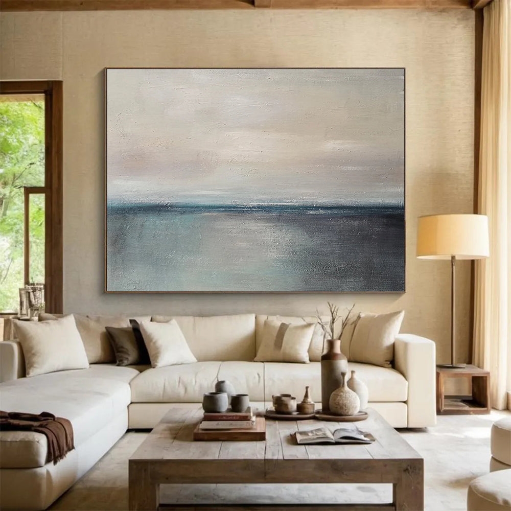 “Soft Coastal Horizon in Neutrals and Blues” - Minimalist Seascape Oil Painting On Canvas PT028