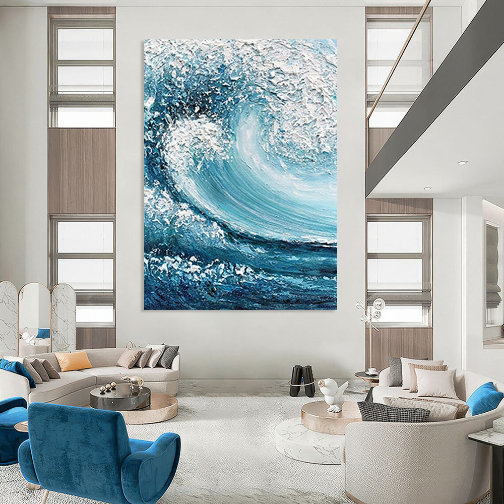 “Blue and White Crashing Wave” - Realistic Ocean Wave Painting On Canvas DS322
