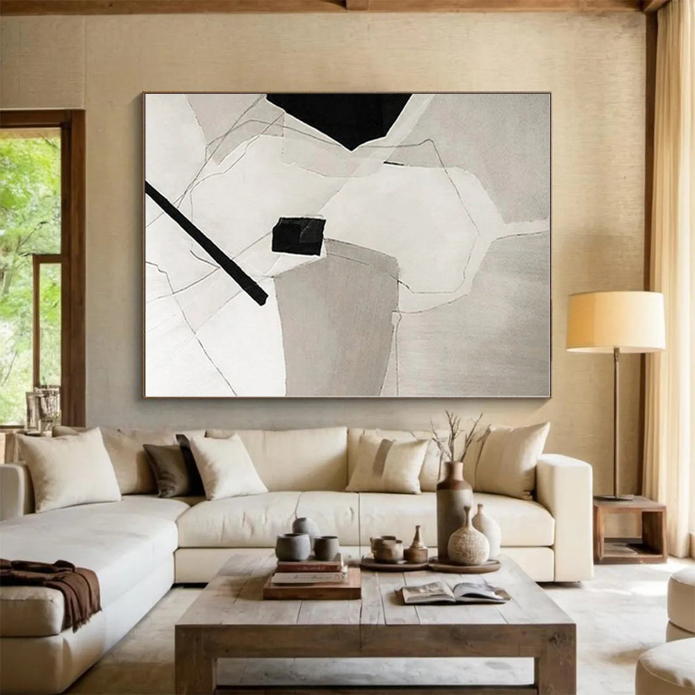 “Black - White Geometric Abstraction” - Black, White Abstract Geometric Painting On Canvas PS0559
