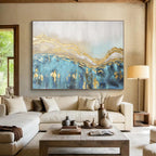 “Gold - Blue Abstract Peaks” - Blue, Gold & White Abstract, Textured Acrylic Painting On Canvas DKS733