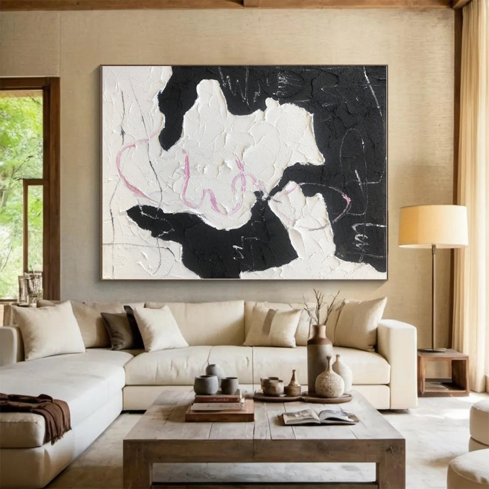 “Black - White Textured Abstraction” - Black, White, Pink Abstract Painting On Canvas PS0480
