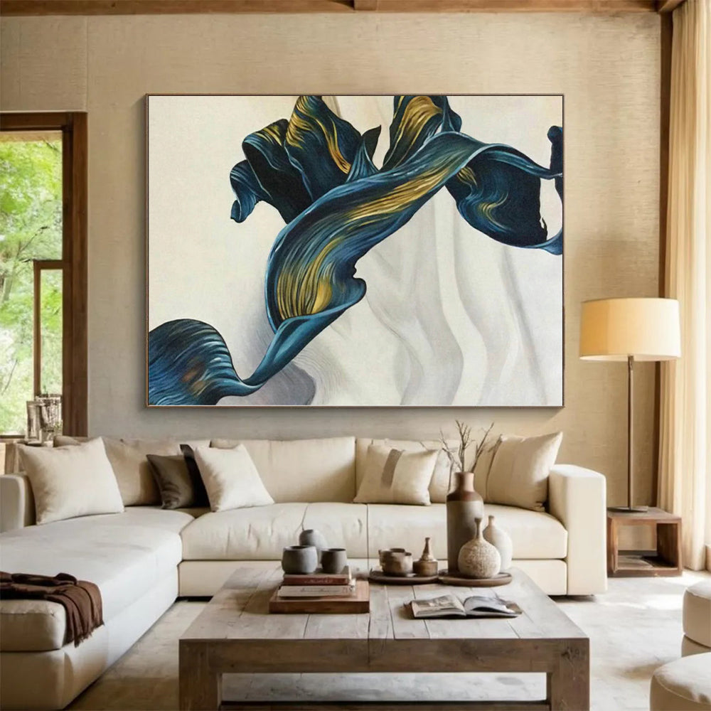 “Blue - Gold Flowing Abstract Ribbon” - Graceful Abstract Painting On Canvas PS0301
