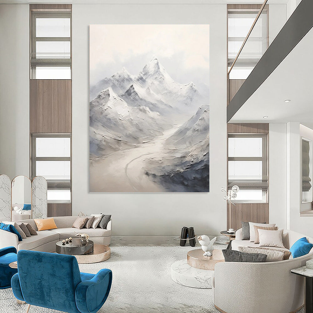 “Grey - White Snowy Mountain Range” - Impasto Landscape Painting On Canvas PT1264