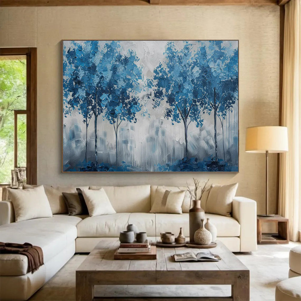 “Blue Trees Against Gray - White Background” - Abstract Landscape - Painting On Canvas PT1758