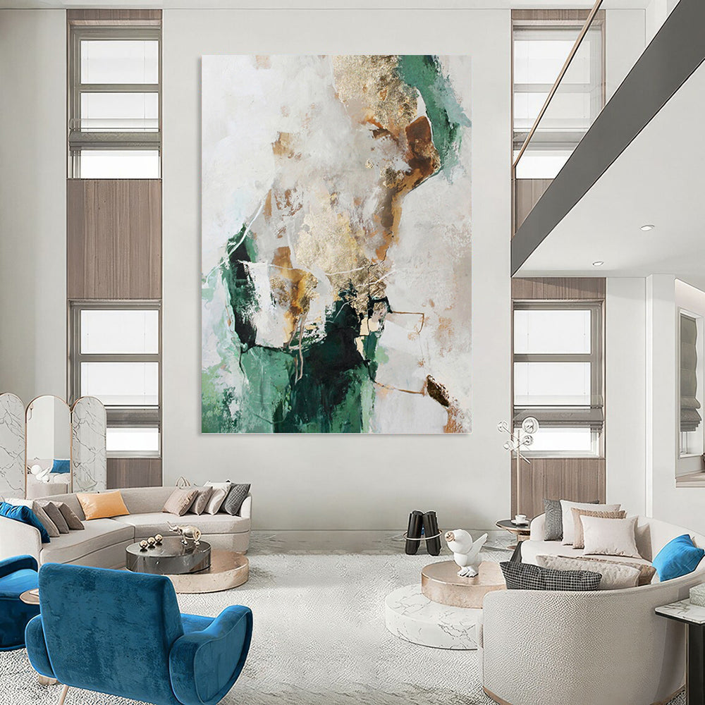“Green, Gold and White Abstract” - Nature - Inspired Luxe Painting on Canvas PT1008