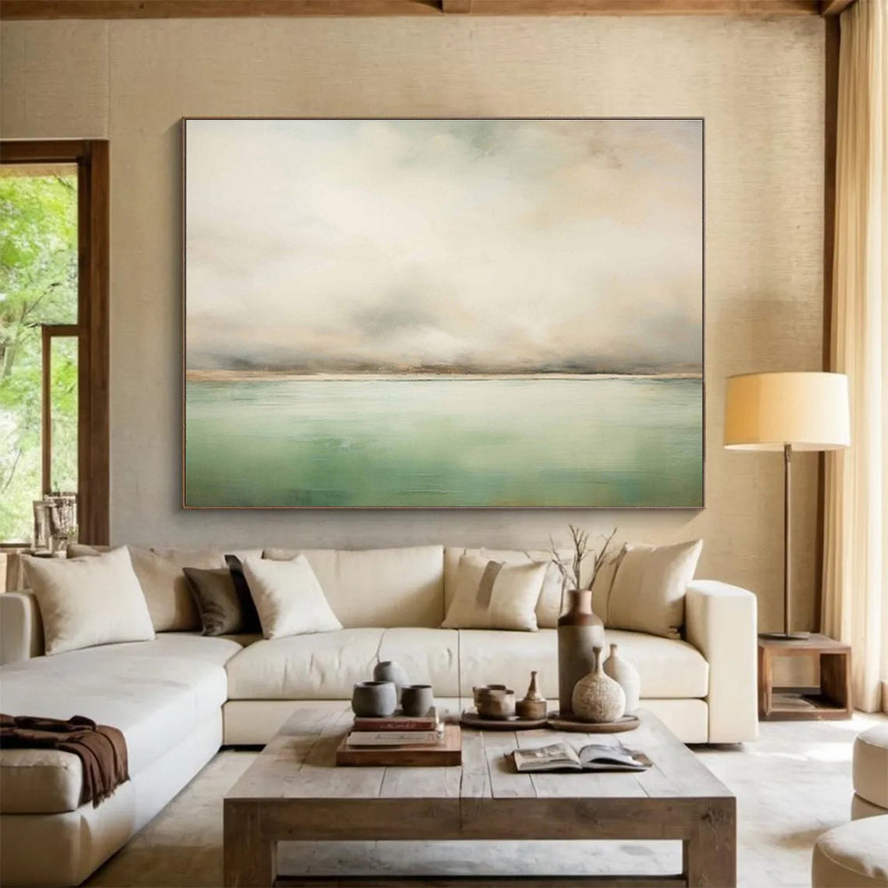 Soft Green and Beige Abstract Seascape Minimalist Seascape Painting On Canvas DKS159