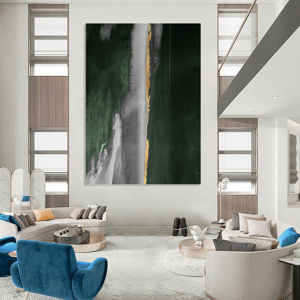 “Green - Grey - Gold Abstract Flow” - Abstract Expressionist Painting On Canvas PT1203