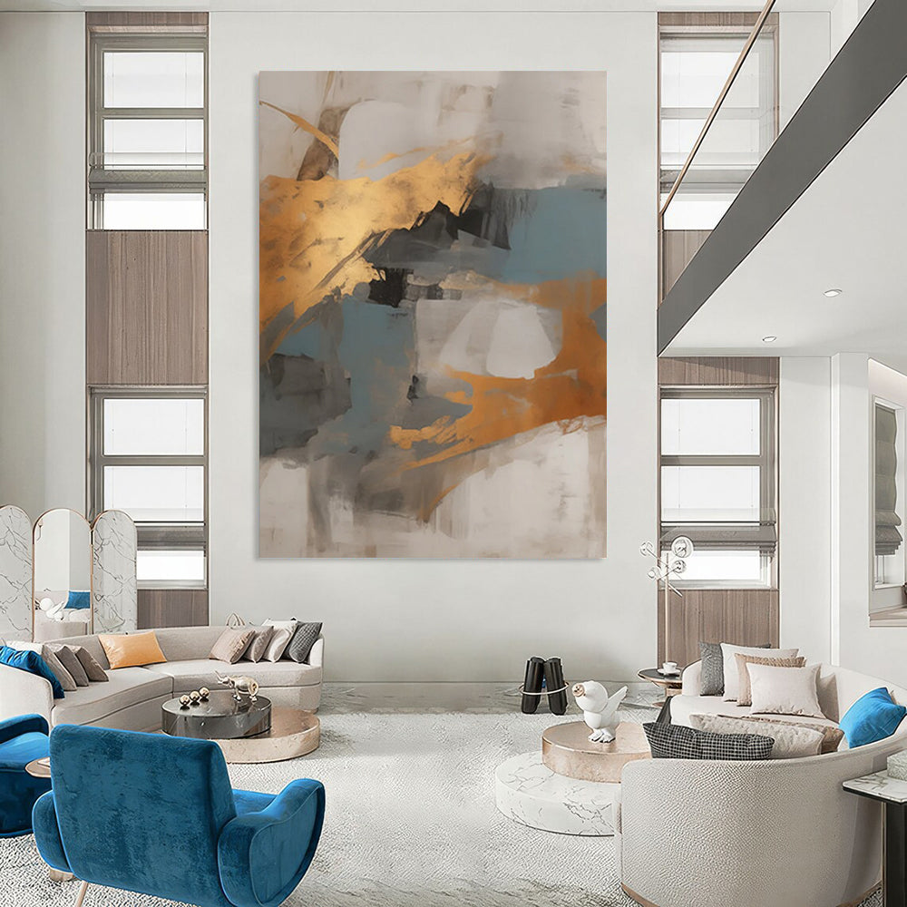 “Gold & Blue Abstract” - Warm Metallic & Cool Tones Painting On Canvas DS136