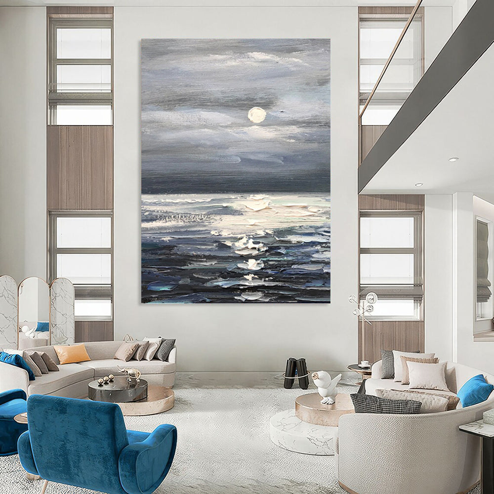 “Grey - Blue Moonlit Sea” - Impressionist Seascape Painting On Canvas PT1293