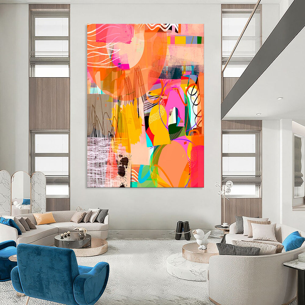 “Vibrant Orange - Pink Abstract Collage” - Modern Collage - Style Painting On Canvas PT1841