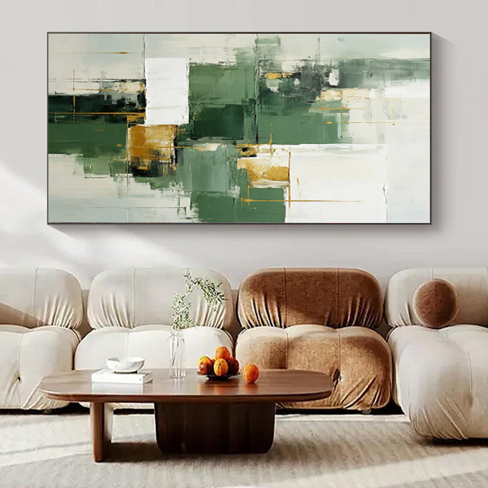 “Green - Gold Geometric Fusion” - Modernist Abstract Art On Canvas PS0199