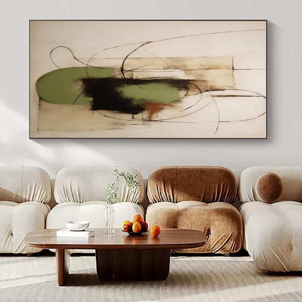 Black, Green, Beige with Curved Lines and Shapes "Organic Fusion" Abstract Painting On Canvas PS1294