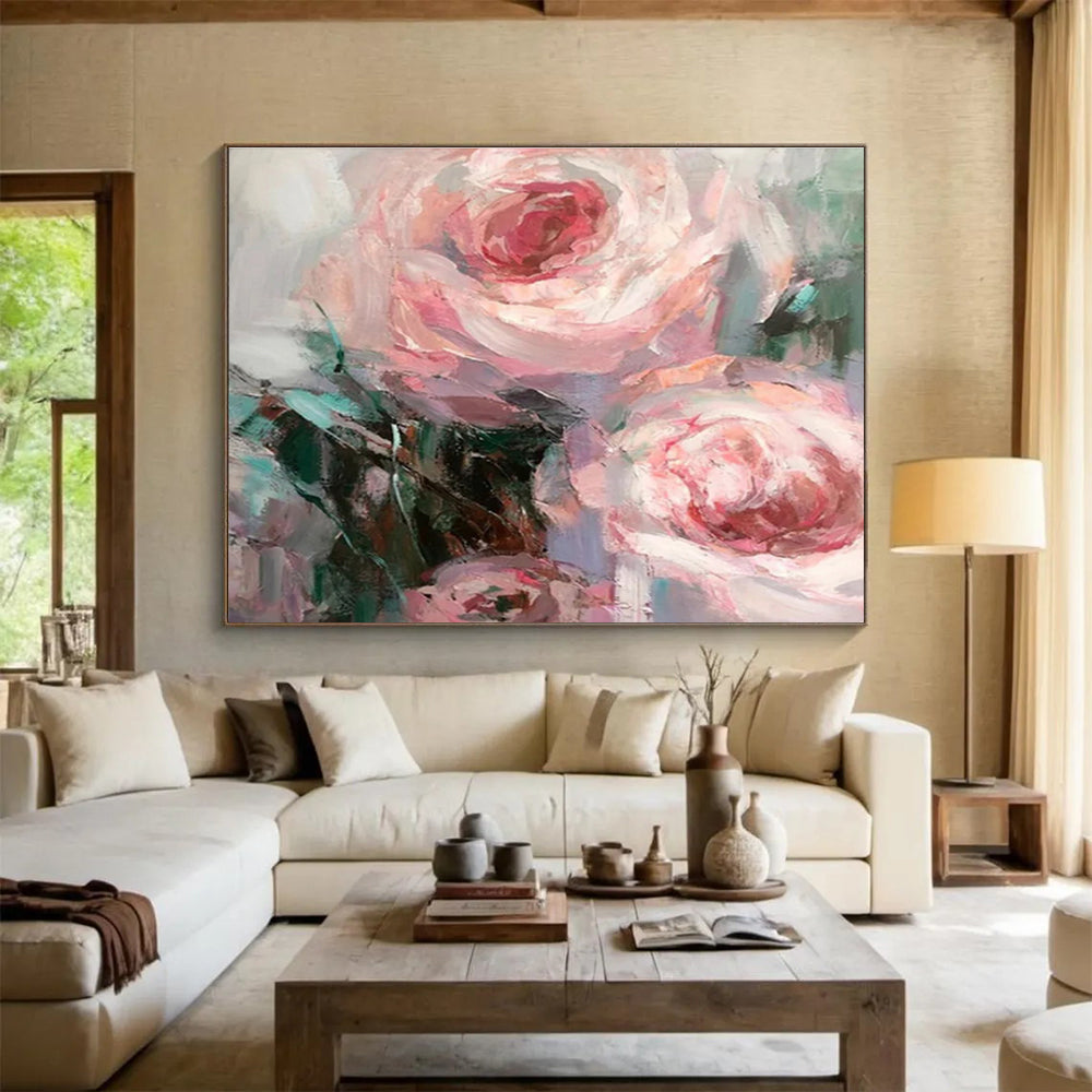 “Soft Pink Rose Blooms” - Pink, Purple & Green Floral, Impressionistic Oil Painting On Canvas DKS724