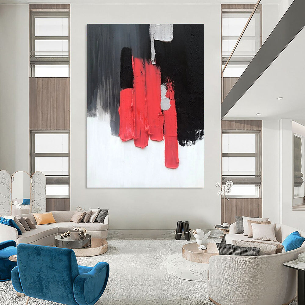 “Bold Blocks: Red, Black, Gray Abstract” - Minimalist Abstract Painting On Canvas DS394