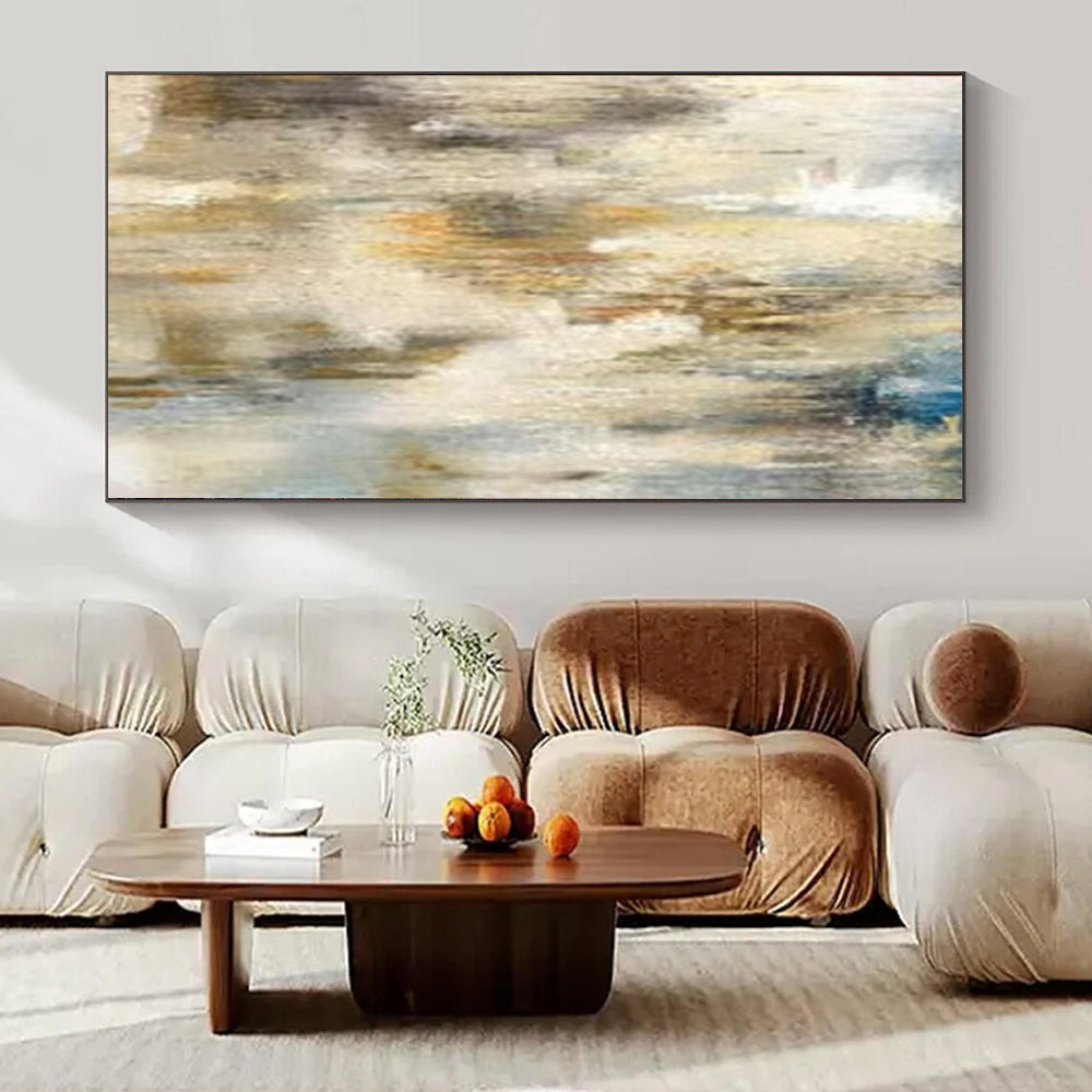 Beige, Blue, and Gold Textured, "Ethereal Haze" – Textured Abstract Painting On Canvas PS1003