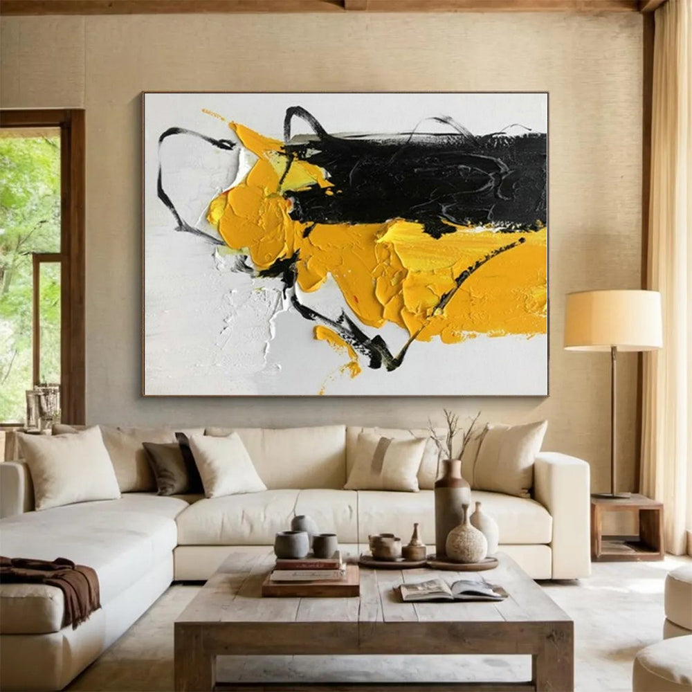 “Black - Yellow Textured” - Black, Yellow Abstract Textured Painting PS0606