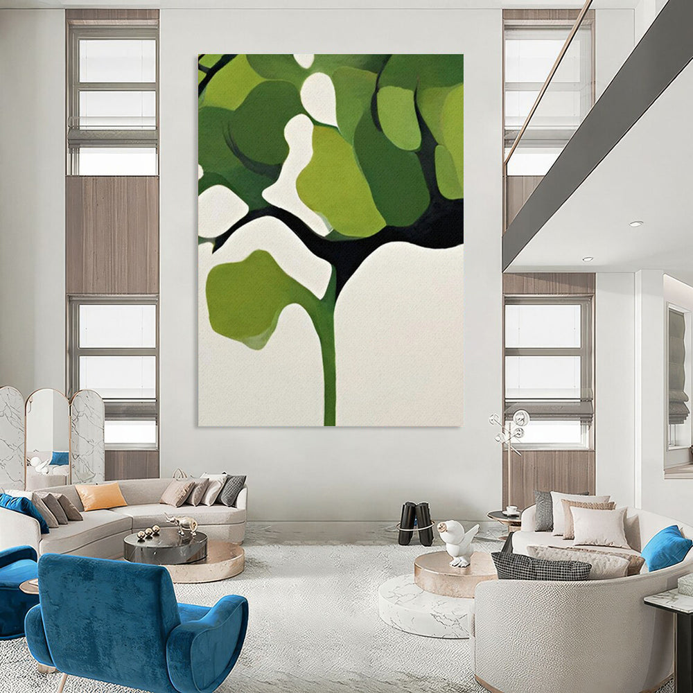 “Green and White Minimalist Tree” - Geometric Botanical Painting On Canvas PT2254